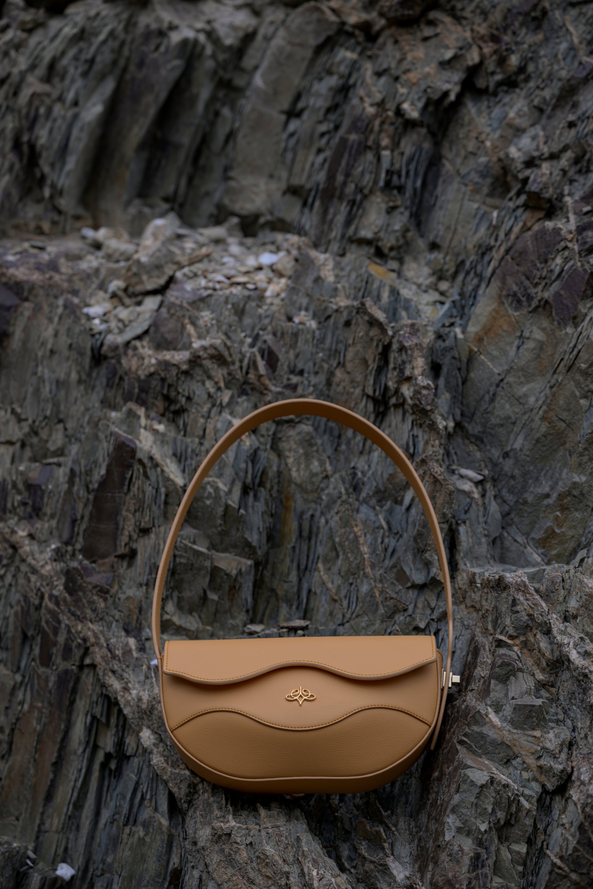 Cognac Linearity handbag on a textured stone wall