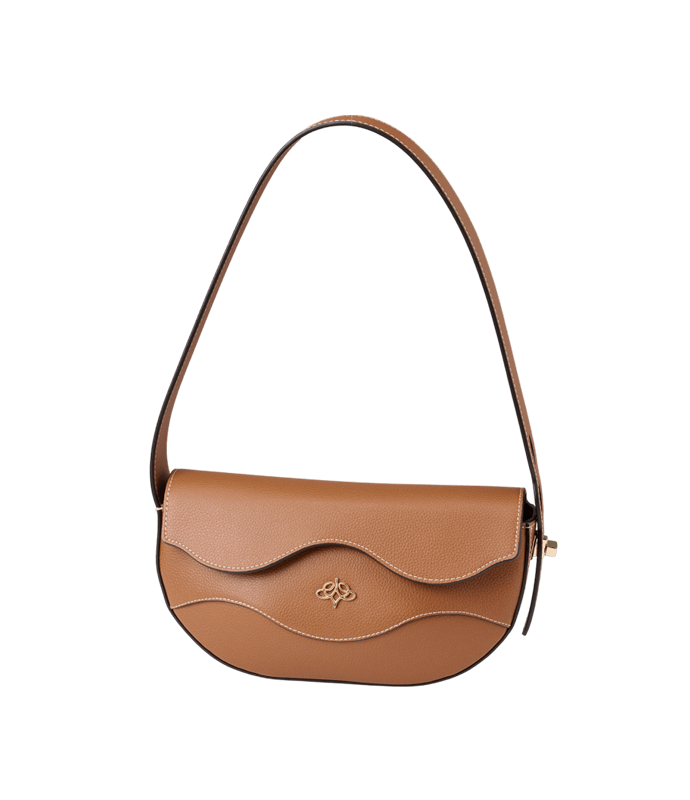 Brown Linearity handbag with a visible brand logo on a white background